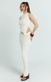 Cream Two-Piece Set: Asymmetric Top and Maxi Skirt